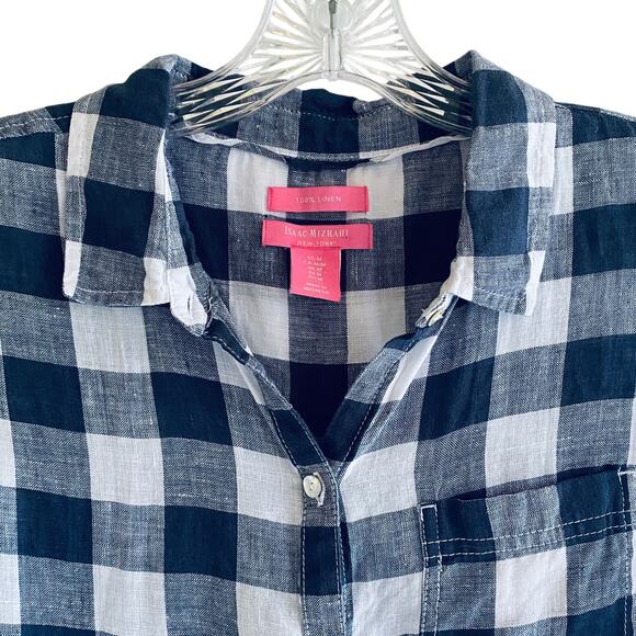 Navy Blue Gingham Checked Linen Button Down Shirt M Sleeveless Isaac Mizrahi - Picture 4 of 11
